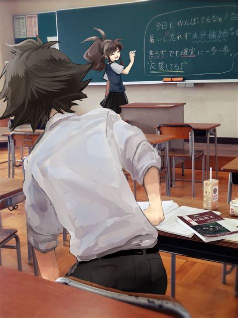 Anime Picture Search Engine Boy Girl Book Brown Hair Chair Chalk Chalkboard Classroom Desk