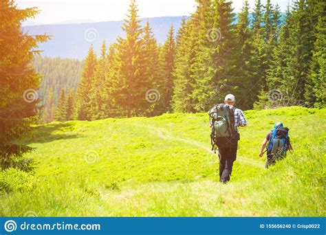 Two Friends Travel In Mountains With Backpacks Stock Photo Image Of Hiking Park 155656240