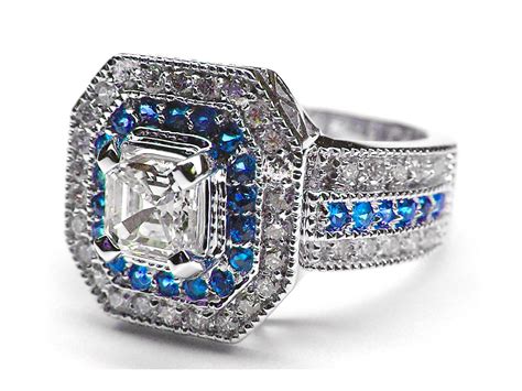 Engagement Ring Square Halo Diamonds And Blue Sapphires Asscher Cut