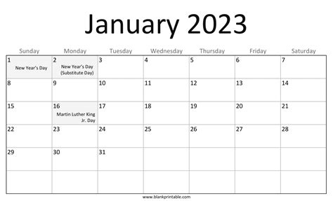 January 2023 Calendar Printable With Holidays Usa Monday Start Notes