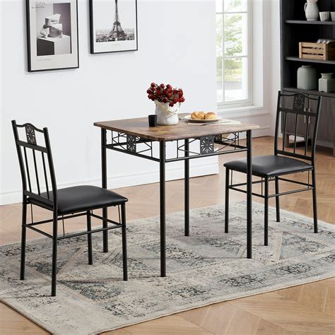 Vecelo 3 Piece Wood And Metal Dining Table And Chair Set Dining Room