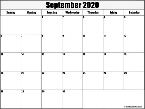 September 2020 blank calendar templates.