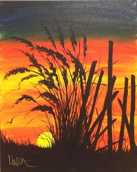 Fallautumn Sunset Acrylic Painting Linda Summers End Canvas Art