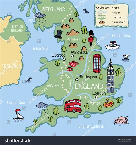 Vektor Stok Cartoon Vector Doodle Map England Kids (Tanpa Royalti