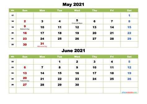 May And June 2021 Calendar With Holidays