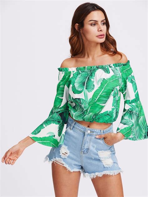 Summer Green Palm Leaf Print Off Shoulder Bell Sleeve Bardot Top Casual