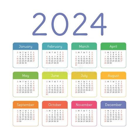 Calendario 2024 Año Plantilla De Bolsillo Cuadrado De Vector De Color