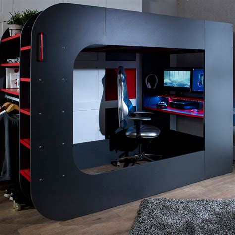 Podbed High Sleeper Gaming Bed With Built In Desk And Open Wardrobe