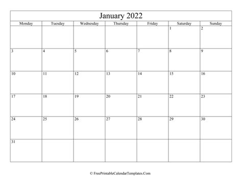 January 2022 Printable Calendar Landscape Best Calendar Example