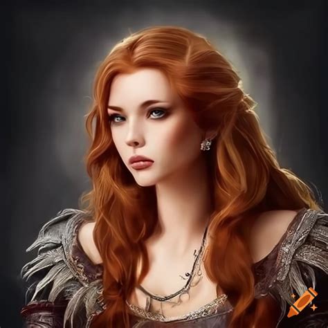 Portrait Of Auburn Haired Beautiful Woman In Medieval Fantasy Setting