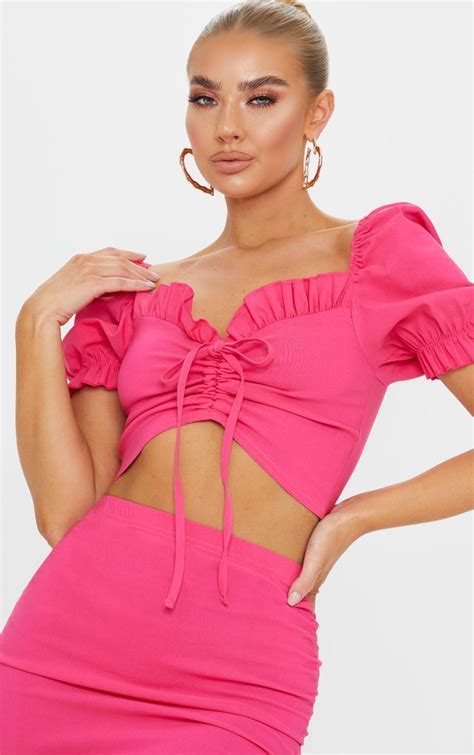 Hot Pink Woven Stretch Bardot Ruched Tie Front Crop In 2020 Pink Fashion Fashion Style