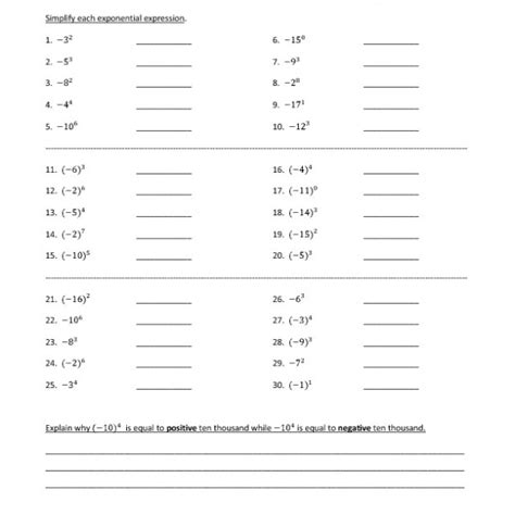Eighth Grade Exponents With Negative Bases Worksheet 05 â One Page