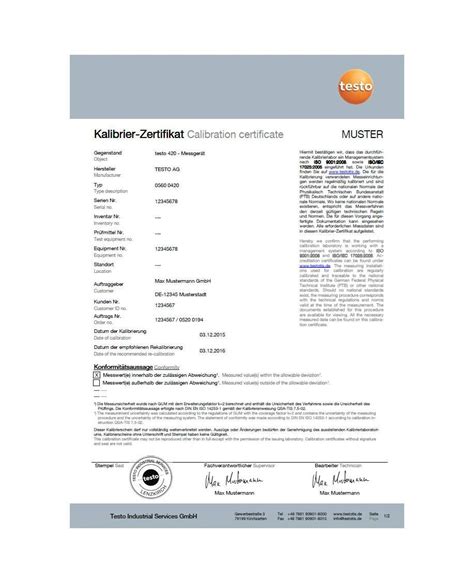 Iso Calibration Certificate For Volume Flow Testo Ag Certificates