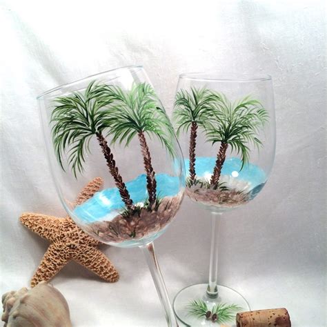 Free Shipping Beach Theme Palm Tree Pair Of Hand Wine Glasses Etsy Hand Painted Wine Glasses