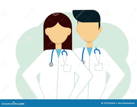 Illustration Of Two Doctors Man And Woman In White Coats And With