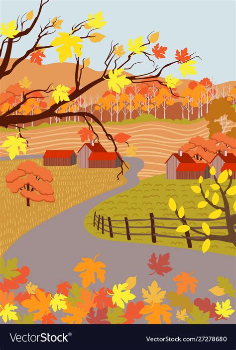 Cartoon Flat Countryside Village In Autumn Season Vector Image