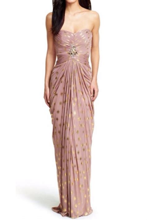 Adrianna Papell Blush Gold Foiled Dot Draped Mesh Gown Poshare