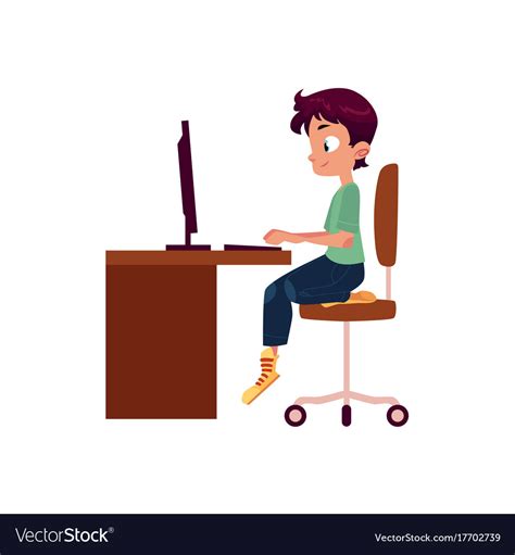 Flat Cartoon Teen Boy At Computer Desk Royalty Free Vector