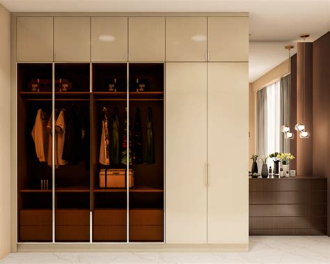 Spacious Wardrobe With Beige Glass Finish Look With Open Hinges Livspace