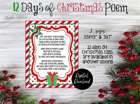 12 Days Of Christmas Poem 12 Days Of Christmas Printables Digital