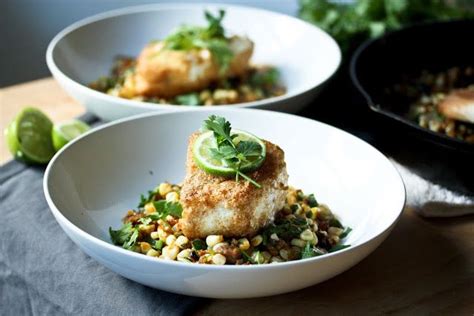 Coriander Crusted Sea Bass W Fava Bean And Fresh Corn Succotash Light Dinner Recipes Easy Easy