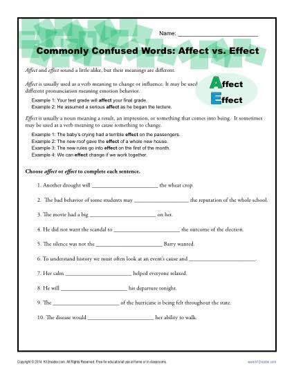 Affect And Effect Practice Worksheet