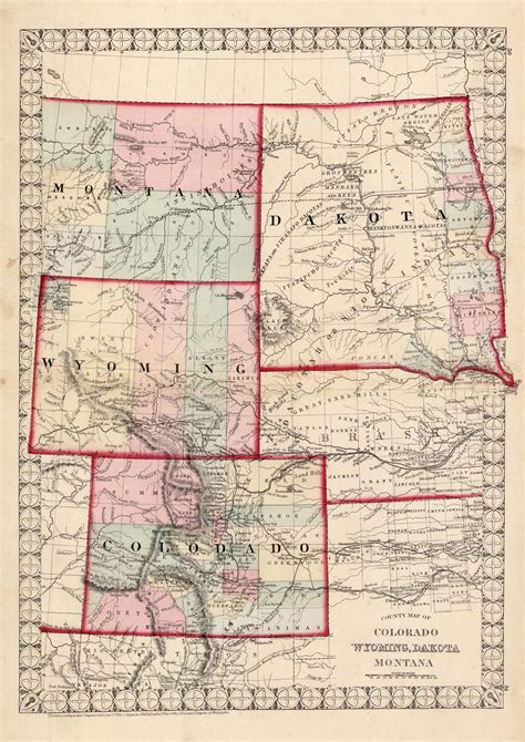 County Map Of Colorado Wyoming Dakota And Montana Art Source