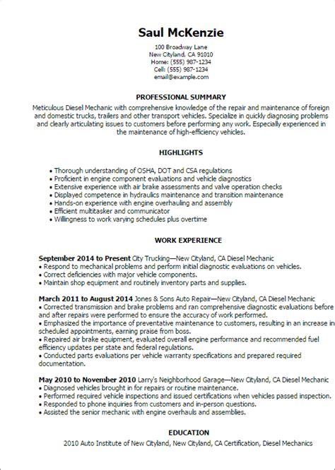 A productive team player, able to work to deadlines and targets. Diesel Mechanic Resume Template — Best Design & Tips | MyPerfectResume