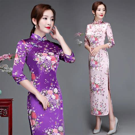 Sexy Long Chinese Women Dress Print Flower Rayon Cheongsam Qipao Novelty Vintage Stage