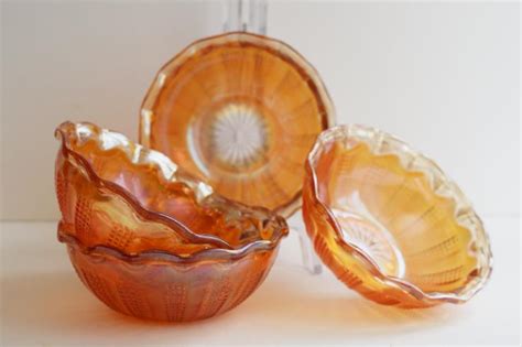 Marigold Orange Carnival Glass Fruit Bowls Hazel Atlas Diamond Point Columns Pattern