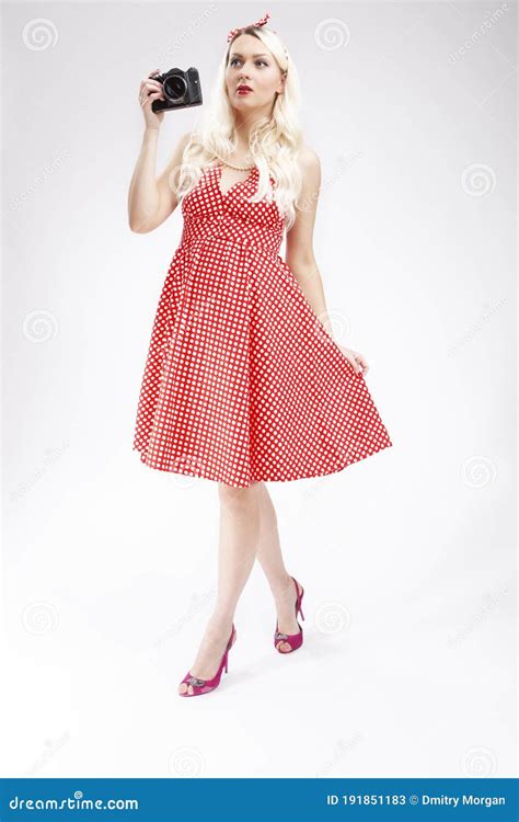 Pin Up Girl Concepts Full Length Portrait Of Caucasian Blond Girl Posing In Pin Up Style And
