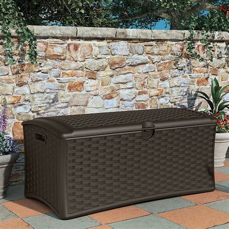 Suncast 72 Gallon Resin Wicker Outdoor Patio Storage Deck Box Brown