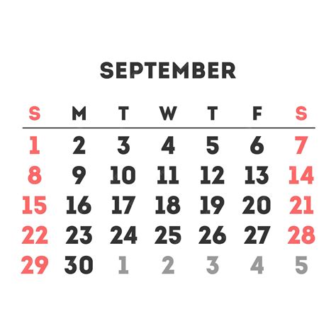 Calendrier Du Mois De Septembre 2024 Illustration Vectorielle Vecteur