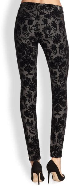 For All Mankind Velvet Floral Patternflocked Skinny Jeans In Black