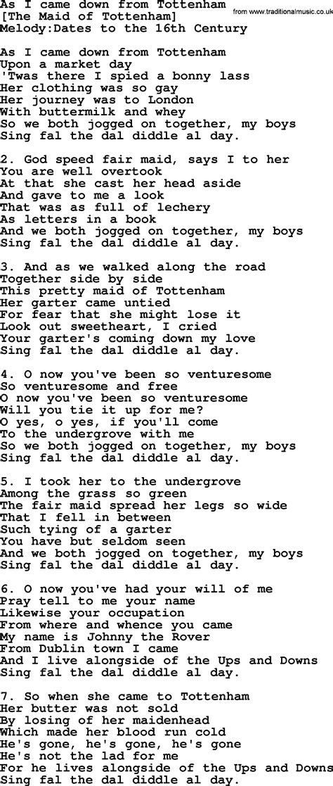 Old English Song Lyrics For As I Came Down From Tottenham With Pdf