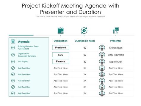 Project Kickoff Meeting Agenda With Presenter And Duration