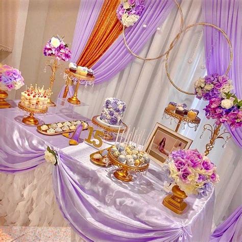 elegant lavender and gold quinceañera party decorations for sweets table cvlinens on instagram