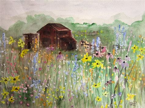 Field Of Flowers Print Of Original Watercolor Painting Barn Etsy