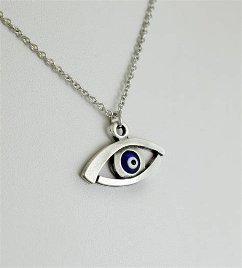 Evil Eye Necklace Blue Greek Mati Hamsa Silver Tone Pendant Etsy