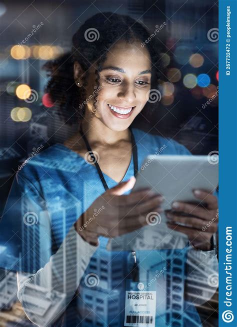 Woman Nurse Or Tablet And City Abstract Overlay Or Futuristic