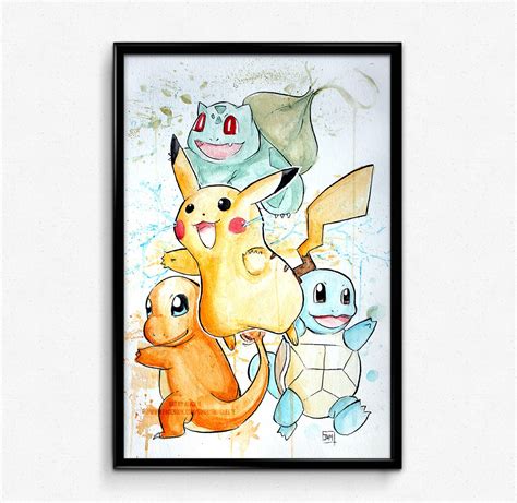 11x17 Pokemon Starter Watercolor Painting Pikachu Charmander