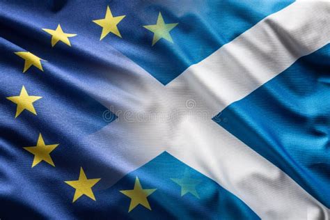 Flags Of Scotland And Eu Blowing In The Wind Stock Photo Image Of