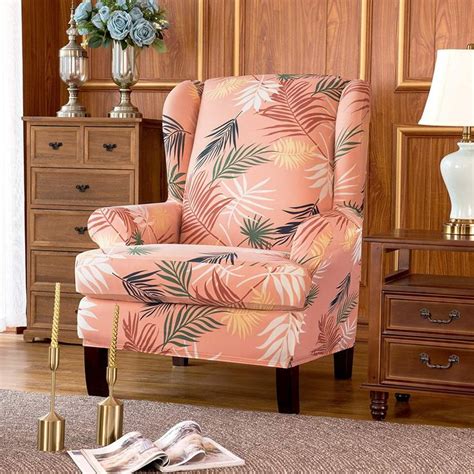 Slipcovers for wingback chair, title: 2-Piece Leaves Printed Stretchable Wing Back Chair ...
