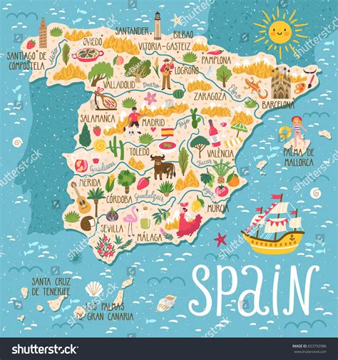 Vector Stylized Map Of Spain Travel Illustration With Spanish