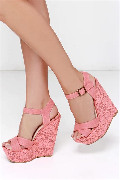 Pretty Coral Wedges Lace Wedges Wedge Sandals 2900