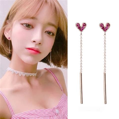 Cute Korean Rhinestone Crystal Heart Earrings For Women Long Chain Tassel Dangle Earrings