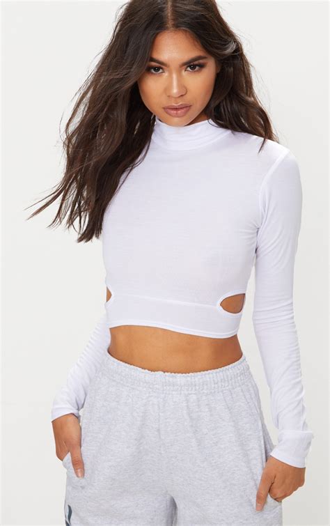White High Neck Long Sleeve Cut Out Crop Top Prettylittlething