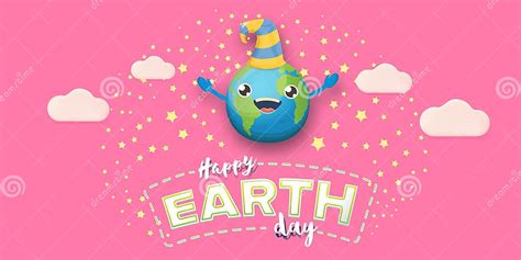 Cartoon Earth Day Horizontal Banner With Cute Smiling Earth Planet