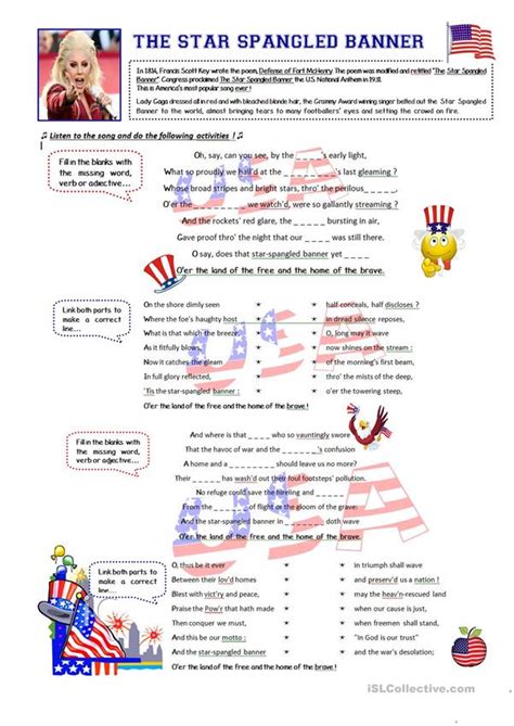 The Star Spangled Banner English Esl Worksheets For Distance Learning