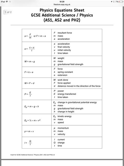 Aqa A Level Further Maths Formula Booklet Physics Equation Sheet Gcse